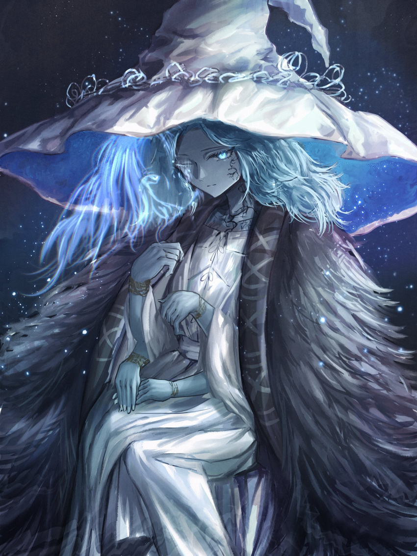 1girl blue_eyes blue_hair blue_skin colored_skin crack cracked_skin dress elden_ring extra_arms extra_faces feh_xeri fur_coat glowing_tattoo hat highres jewelry long_hair looking_at_viewer night night_sky ranni_the_witch ring sitting sky solo star_(sky) tattoo white_dress witch witch_hat