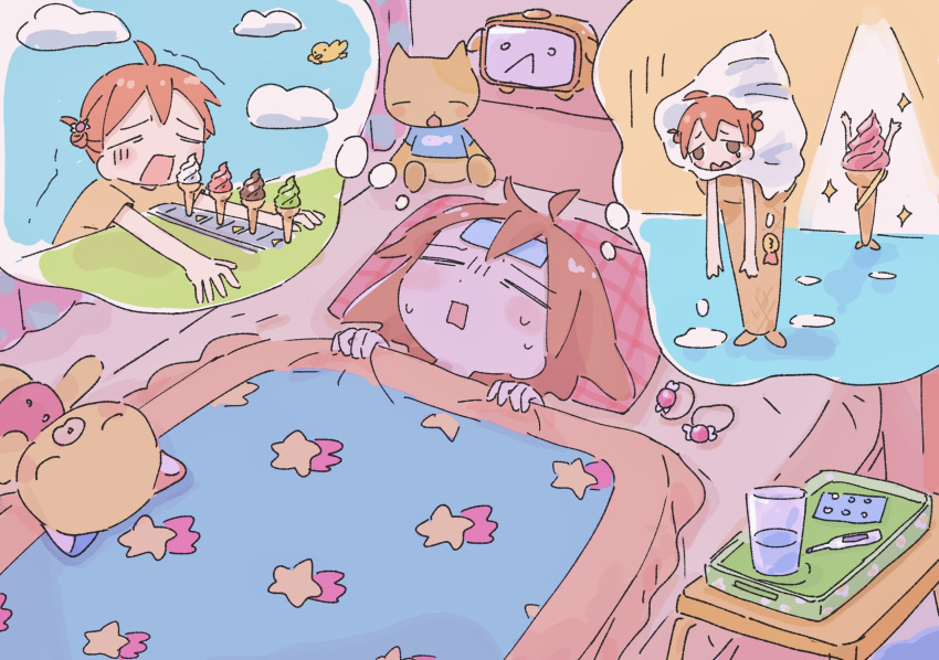 1girl 1nupool alarm_clock bed clock commentary cooling_pad dreaming glasses highres ice_cream_cone medicine orange_hair original thermometer thought_bubble under_covers