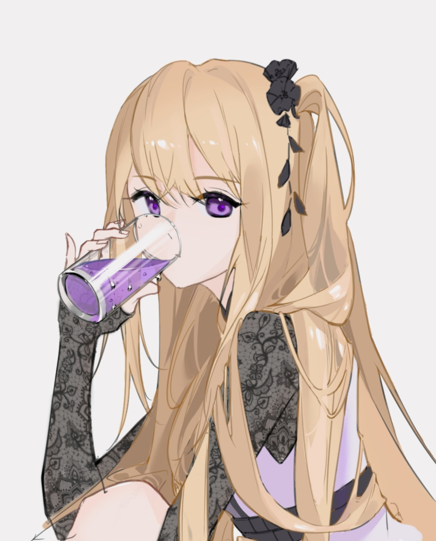 1girl arknights black_flower black_gloves blonde_hair closed_mouth cup dress drink drinking drinking_glass elbow_gloves fingerless_gloves flower gloves hair_flower hair_ornament highres holding holding_cup indigo_(arknights) indigo_(serene_day)_(arknights) jinqing knee_up long_hair looking_at_viewer official_alternate_costume one_side_up purple_dress simple_background sitting sleeveless sleeveless_dress solo very_long_hair violet_eyes white_background