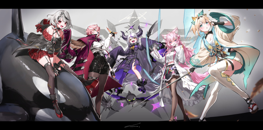 5girls :d absurdres animal_ear_fluff black_gloves black_hair black_jacket black_shorts black_skirt blue_eyes blush boots brown_legwear chest_sarashi coat coat_on_shoulders crow_(la+_darknesss) demon_horns dress ear_piercing fang fingerless_gloves gloves hair_ribbon hakui_koyori haori head_wings high-waist_shorts highres hololive holox hood hood_down horns jacket japanese_clothes jumping kazama_iroha la+_darknesss labcoat long_sleeves multicolored_hair multiple_girls nail_polish nemoto_yuuma open_clothes open_jacket open_mouth orca pantyhose piercing pink_hair plaid plaid_skirt purple_dress red_coat red_eyes red_skirt ribbon sakamata_chloe sarashi shirt shorts silver_hair single_leg_pantyhose sitting skirt sleeves_past_fingers sleeves_past_wrists smile standing streaked_hair takane_lui thigh-highs violet_eyes white_legwear white_shirt yellow_eyes