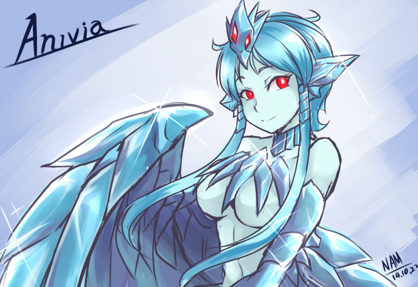 1girl anivia blue_hair breasts commentary_request feathered_wings feathers harpy large_breasts league_of_legends monster_girl nam_(valckiry) personification red_eyes short_hair short_hair_with_long_locks solo winged_arms wings