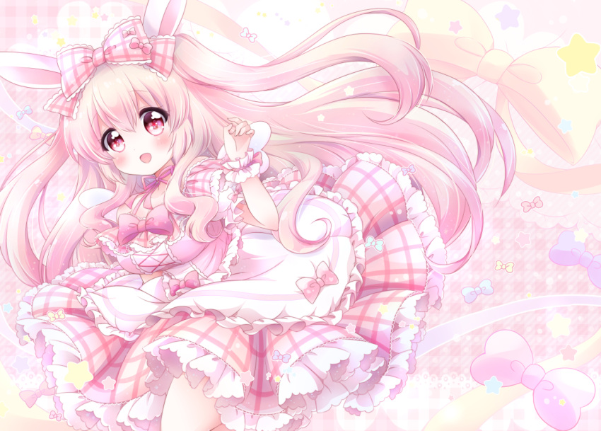 1girl animal_ears apron blush bow chiika_(cure_cherish) dress eyebrows_visible_through_hair frilled_dress frills gingham long_hair looking_at_viewer neck_ribbon open_mouth original pink_bow pink_eyes pink_hair puffy_short_sleeves puffy_sleeves rabbit_ears ribbon short_sleeves smile star_(symbol) two_side_up wings wrist_cuffs