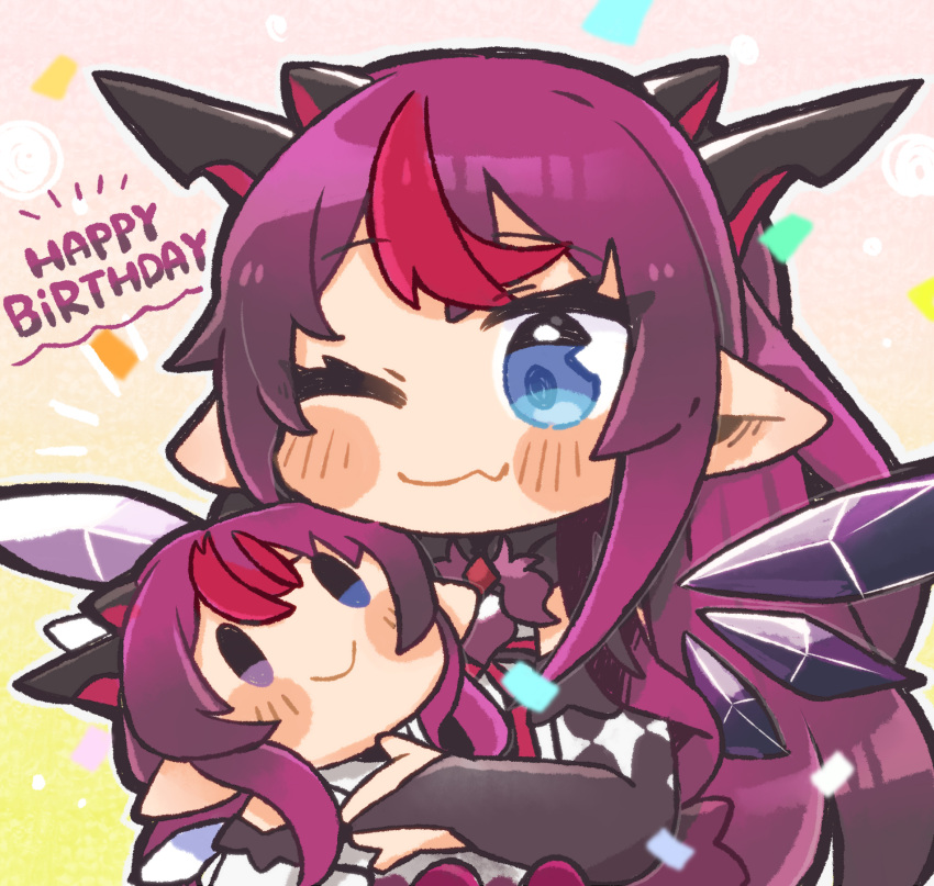 1girl blue_eyes blush_stickers bridal_gauntlets character_doll chibi commentary_request confetti crystal_wings elbow_gloves english_text fang fang_out gloves happy_birthday highres hololive hololive_english horns irys_(hololive) long_hair multicolored_hair multiple_horns one_eye_closed pointy_ears purple_hair redhead same_anko skin_fang smile solo two-tone_hair virtual_youtuber