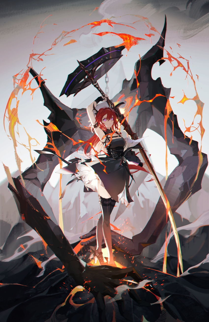 1girl absurdres arknights arm_up bangs bare_shoulders black_dress demon_girl demon_horns detached_collar dress fingerless_gloves gloves highres holding holding_sword holding_weapon horns infection_monitor_(arknights) jacket long_hair off_shoulder parted_lips redhead surtr_(arknights) sword thigh-highs violet_eyes weapon yu-x