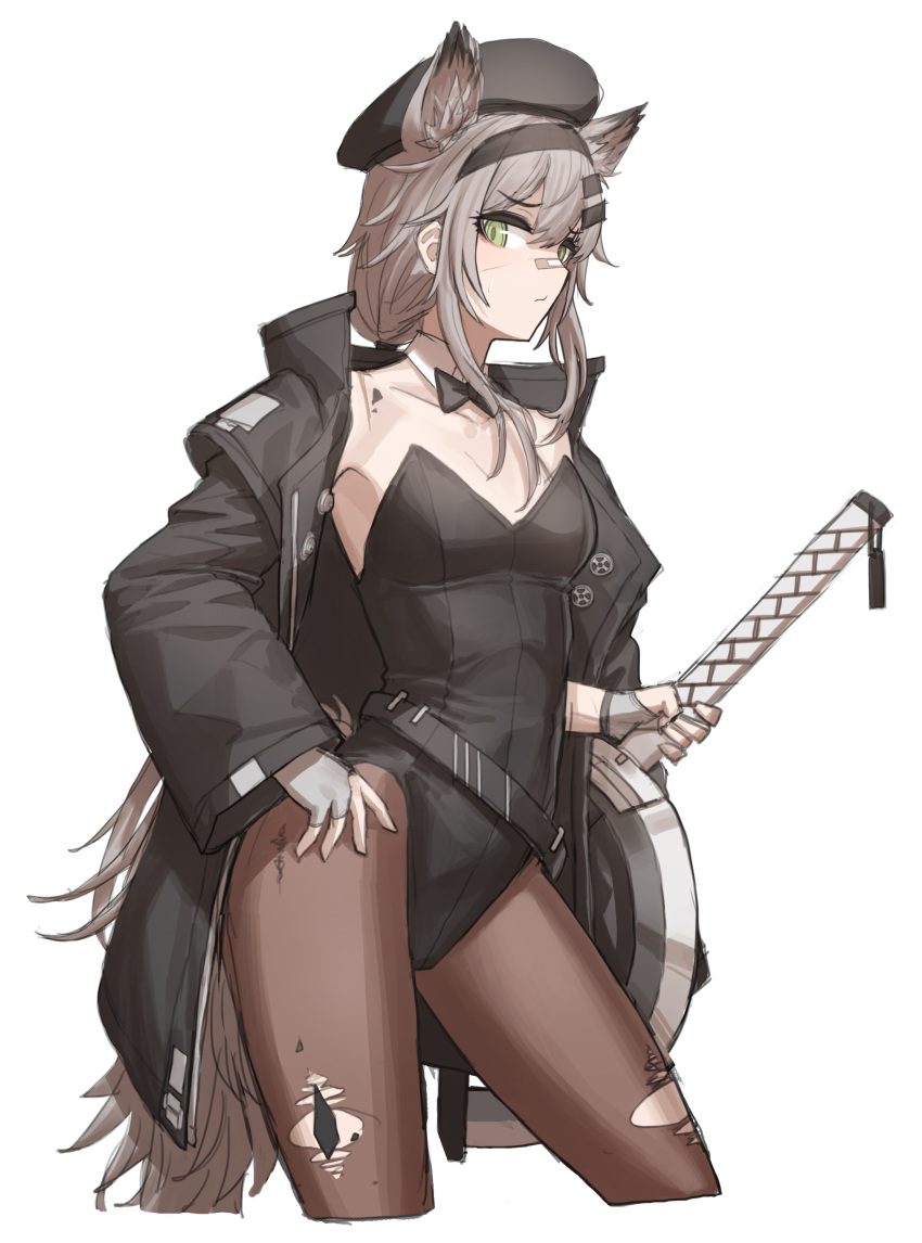 1girl absurdres animal_ears arknights bandaid bandaid_on_face bandaid_on_nose beret bow bowtie breasts character_request cheogtanbyeong contrapposto detached_collar fingerless_gloves frown fur gloves green_eyes hair_between_eyes hat highres hilt jacket silver_hair small_breasts solo sword torn_clothes torn_legwear weapon