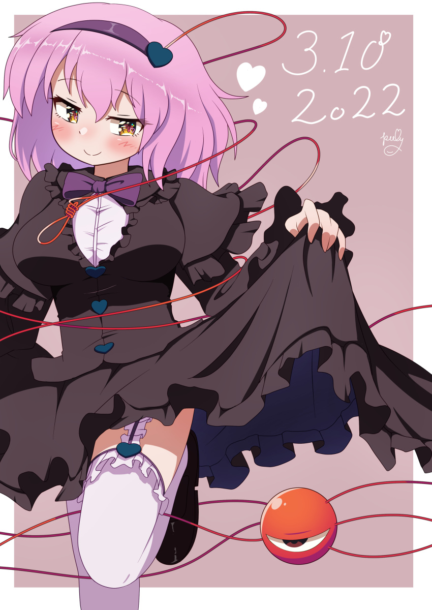 1girl absurdres alternate_costume bangs black_dress black_footwear bow bowtie brown_background brown_eyes closed_mouth clothes_lift dated dress dress_lift frills garter_straps hairband heart highres komeiji_satori leg_up lifted_by_self looking_at_viewer pink_hair polyhedron2 purple_bow purple_bowtie purple_hairband short_hair signature simple_background smile solo thigh-highs third_eye touhou white_legwear