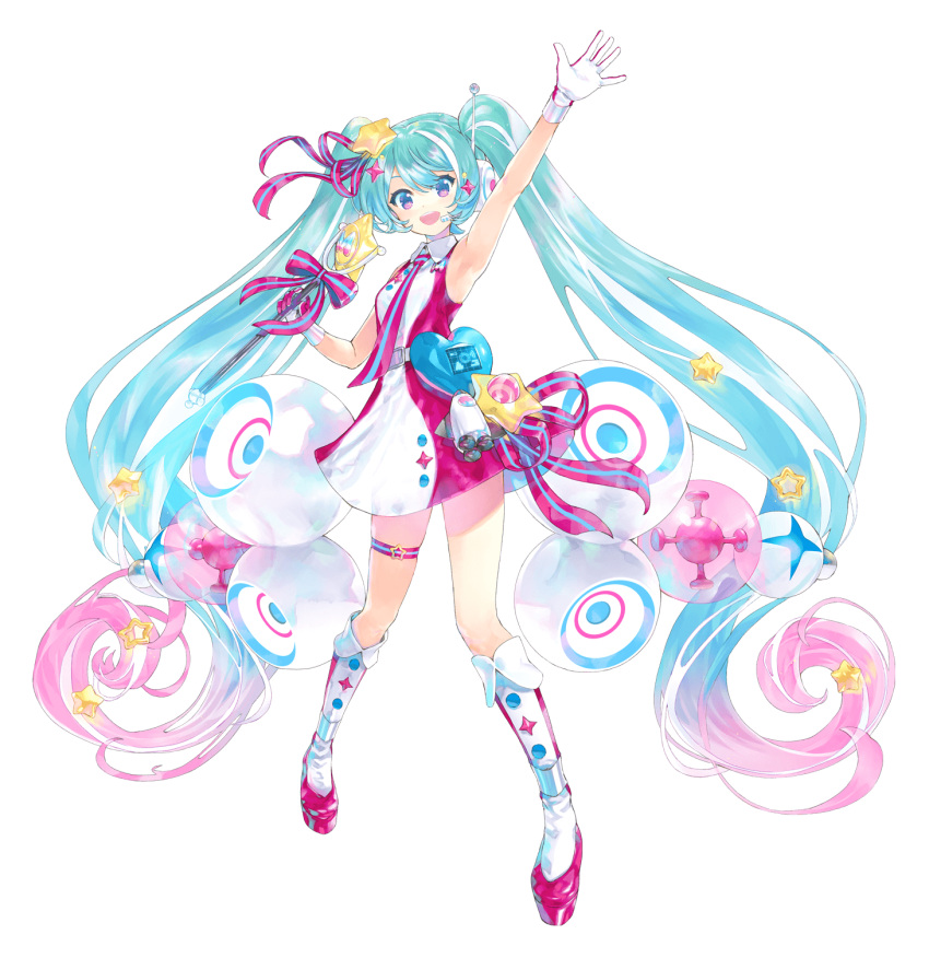 1girl absurdly_long_hair antennae aqua_eyes aqua_hair arm_up bangs bare_arms belt blue_eyes blue_hair boots crypton_future_media dress full_body gloves gradient_hair hair_ornament hair_ribbon hatsune_miku headphones headset heart highres holding holding_wand kei_(keigarou) knee_boots long_hair magical_mirai_(vocaloid) multicolored_eyes multicolored_hair official_art open_mouth orb outstretched_arm piapro pink_dress pink_eyes pink_gloves pink_hair pink_ribbon ribbon rocket sleeveless sleeveless_dress smile solo speaker star_(symbol) star_hair_ornament star_print star_wand streaked_hair striped striped_ribbon thigh_strap transparent_background twintails two-tone_hair very_long_hair vocaloid wand white_dress white_footwear white_gloves white_hair