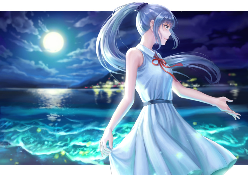 1girl beach blurry chinese_commentary clouds cloudy_sky collared_dress depth_of_field dress floating_hair flowers_(innocent_grey) from_side full_moon hair_ornament hair_scrunchie highres kafkasea long_hair moon night night_sky outstretched_arm outstretched_hand ponytail profile red_ribbon ribbon scrunchie sidelocks silver_hair sky sleeveless sleeveless_dress smile solo very_long_hair water waves yatsushiro_yuzuriha