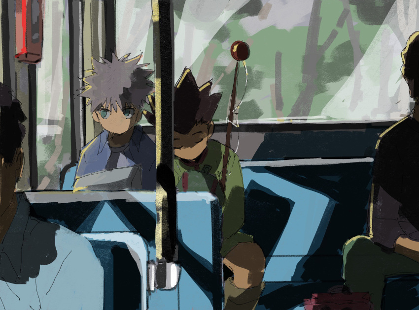 2boys bandages black_hair bus fishing_rod gon_freecss ground_vehicle highres hunter_x_hunter killua_zoldyck leaning_on_person male_focus mito_tomiko motor_vehicle multiple_boys sketch sleeping sleeping_on_person sleeping_upright white_hair