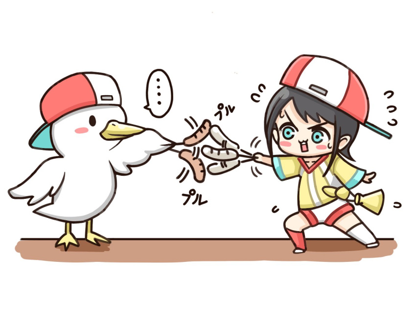 ... 1girl aqua_eyes backwards_hat bangs baseball_cap bird chibi duck flying_sweatdrops food hat hololive koritama mascot megaphone oozora_subaru sausage sausage_legend shirt shoes short_hair sneakers spoken_ellipsis striped striped_shirt subaru_duck swept_bangs t-shirt tied_shirt two-tone_headwear vertical-striped_shirt vertical_stripes virtual_youtuber white_legwear