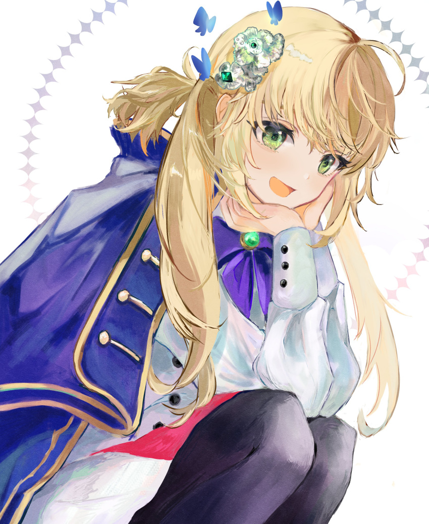 1girl :d absurdres ahoge artoria_pendragon_(caster)_(fate) artoria_pendragon_(fate) bangs blonde_hair blue_bow blush bow bowtie cape commentary_request dress eyebrows_visible_through_hair fate/grand_order fate_(series) green_eyes hand_on_own_chin highres long_hair long_sleeves nigiri pantyhose simple_background sitting smile solo twintails white_background