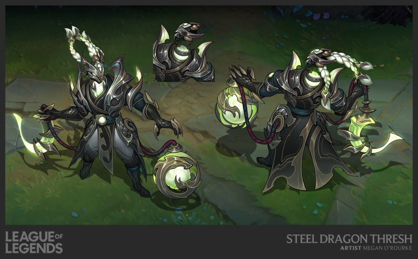 1boy artist_name ball black_footwear boots braid brown_gloves character_name copyright_name floating gloves glowing glowing_eyes grey_pants highres holding holding_weapon knee_boots league_of_legends long_hair multiple_views outdoors pants robe steel_dragon_thresh thresh_(league_of_legends) vegacolors weapon white_hair