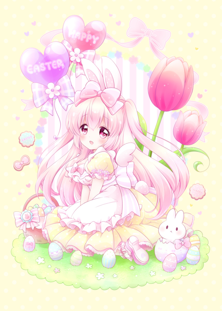 1girl animal_ears back_bow balloon between_legs blush bow breasts chiika_(cure_cherish) dress easter egg english_text eyebrows_visible_through_hair hair_bow hand_between_legs highres large_breasts looking_at_viewer open_mouth original picnic_basket pink_bow pink_eyes pink_hair puffy_short_sleeves puffy_sleeves rabbit rabbit_ears short_sleeves smile two_side_up yellow_background yellow_dress
