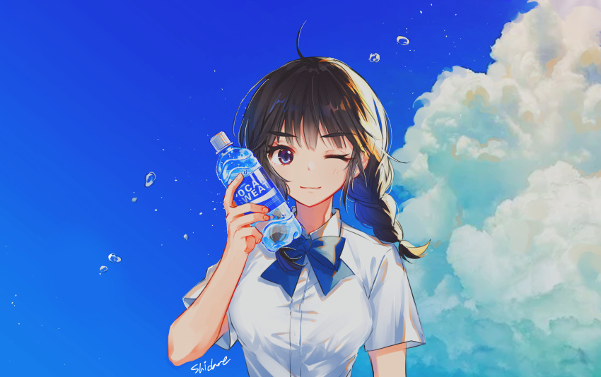 1girl ahoge arm_at_side artist_name bangs black_hair blue_bow blue_bowtie blue_eyes bottle bow bowtie braid breasts closed_mouth clouds collared_shirt highres holding holding_bottle large_breasts looking_at_viewer medium_breasts original pocari_sweat product_placement shidare_(youh4016) shirt short_sleeves sidelighting smile solo twin_braids upper_body water_bottle water_drop white_shirt