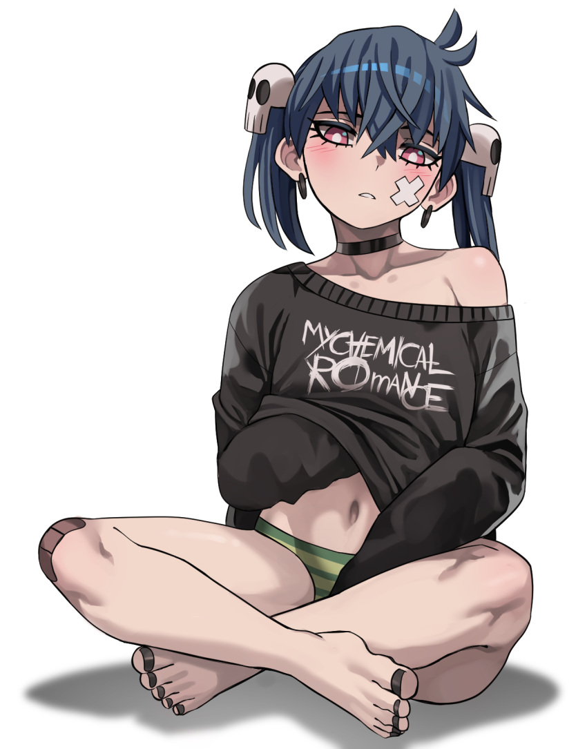 1girl bandaid bandaid_on_knee bandaid_on_leg bangs bare_legs barefoot black_choker black_nails black_shirt blue_hair blush choker clothes_writing collarbone commentary crossed_legs earrings english_commentary feet full_body green_panties hair_between_eyes hair_ornament hand_under_clothes hand_under_shirt highres jewelry jourd4n long_sleeves looking_at_viewer my_chemical_romance nail_polish navel no_pants off-shoulder_shirt off_shoulder original panties parted_lips pink_eyes shirt simple_background single_bare_shoulder sitting skull_hair_ornament solo striped striped_panties toenail_polish toenails twintails underwear white_background