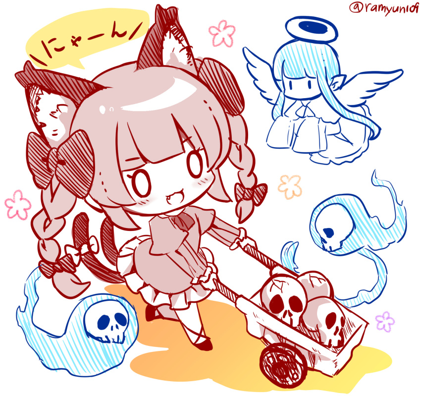 0_0 1girl :3 :d animal_ear_fluff animal_ears bangs black_bow blue_fire blunt_bangs blush bow braid cat_ears cat_tail chibi extra_ears eyebrows_visible_through_hair fang fire flaming_skull floating_skull full_body hair_bow hair_ribbon highres hitodama holding juliet_sleeves kaenbyou_rin limited_palette long_hair long_sleeves multiple_tails nekomata open_mouth petticoat puffy_sleeves ramudia_(lamyun) ribbon running smile solo tail tail_bow tail_ornament touhou translation_request tress_ribbon twin_braids twintails two_tails wheelbarrow zombie_fairy_(touhou)