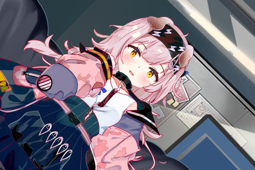 1girl :d animal_ears arknights bangs black_collar black_hairband black_skirt cat_ears collar commentary_request dutch_angle eyebrows_visible_through_hair goldenglow_(arknights) hairband highres indoors jacket lanyard lightning_bolt_print long_hair long_sleeves looking_at_viewer mikuning open_clothes open_jacket parted_lips pink_hair shirt skirt smile solo white_shirt yellow_eyes