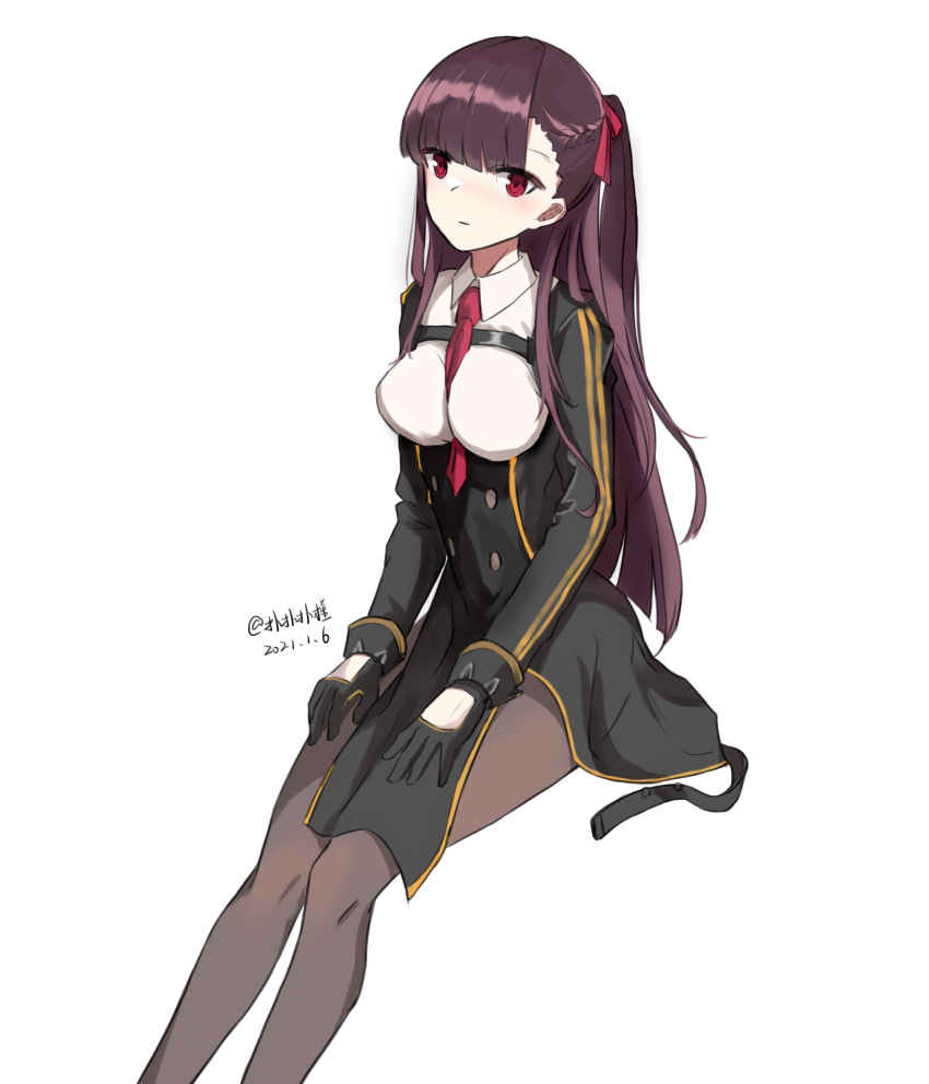 1girl absurdres bangs between_breasts black_dress black_gloves black_jacket black_legwear braid breasts closed_mouth dated dress eyebrows_visible_through_hair feet_out_of_frame girls_frontline gloves hair_ribbon highres jacket long_hair long_sleeves looking_at_viewer medium_breasts necktie necktie_between_breasts pantyhose purple_hair red_eyes red_necktie red_ribbon ribbon sakatakin shirt side_braid side_ponytail sitting solo wa2000_(girls'_frontline) white_background white_shirt