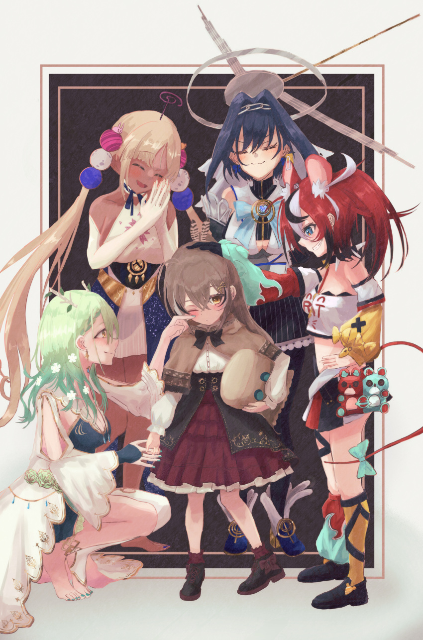 5girls absurdres age_regression animal_ears antlers barefoot blonde_hair blue_hair boots braid braided_bangs branch brown_capelet brown_corset brown_eyes brown_hair capelet ceres_fauna closed_eyes corset crop_top dark_skin detached_sleeves dress feather_hair_ornament feathers flower friend_(nanashi_mumei) frilled_shirt frilled_skirt frills green_hair hair_flower hair_ornament hakos_baelz halter_top halterneck head_chain headpat highres holding_finger holocouncil hololive hololive_english leotard limiter_(tsukumo_sana) mouse_ears mouse_tail multicolored_hair multiple_girls nanashi_mumei one_eye_closed ouro_kronii planet_hair_ornament ponytail redhead ribbon rubbing_eyes shirt simple_background skirt streaked_hair stuffed_toy tail tsukumo_sana turtleneck varsoligt virtual_youtuber younger