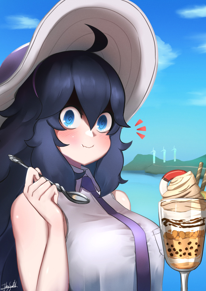 1girl @_@ absurdres ahoge alternate_breast_size artist_name bangs bare_shoulders blue_eyes blush breasts cookie eating food hair_between_eyes hairband hat hex_maniac_(pokemon) highres holding holding_spoon ice_cream john_(a2556349) large_breasts long_hair looking_at_viewer messy_hair necktie outdoors poke_ball poke_ball_(basic) pokemon pokemon_(game) pokemon_sv pokemon_xy purple_hair purple_hairband purple_necktie signature smile solo spoon sundae swirly_eyes windmill