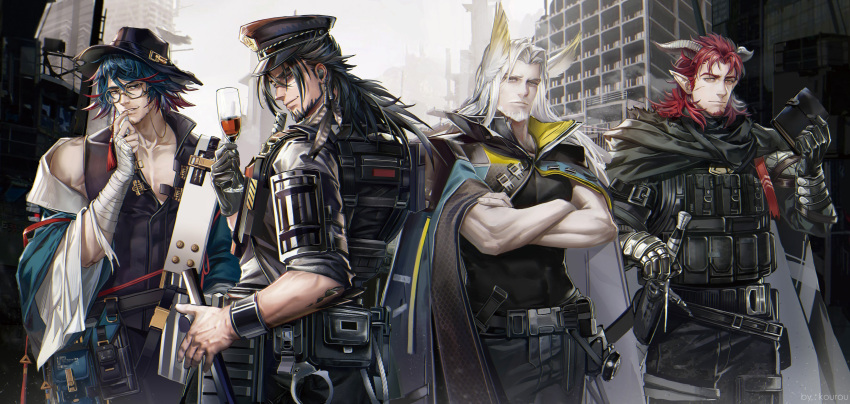 4boys absurdres animal_ears anjingkuxiao arknights bare_shoulders beard belt black_hair black_jacket blue_hair coat cup drinking_glass facial_hair glasses hand_to_lip hat hat_belt hellagur_(arknights) highres hoederer_(arknights) horns jacket jesselton_williams_(arknights) male_focus mature_male mr._nothing_(arknights) multiple_boys muscular muscular_male off_shoulder old pectoral_cleavage pectorals police police_hat police_uniform redhead shirt silver_hair sleeveless sleeveless_shirt smile sword uniform weapon white_background wine_glass