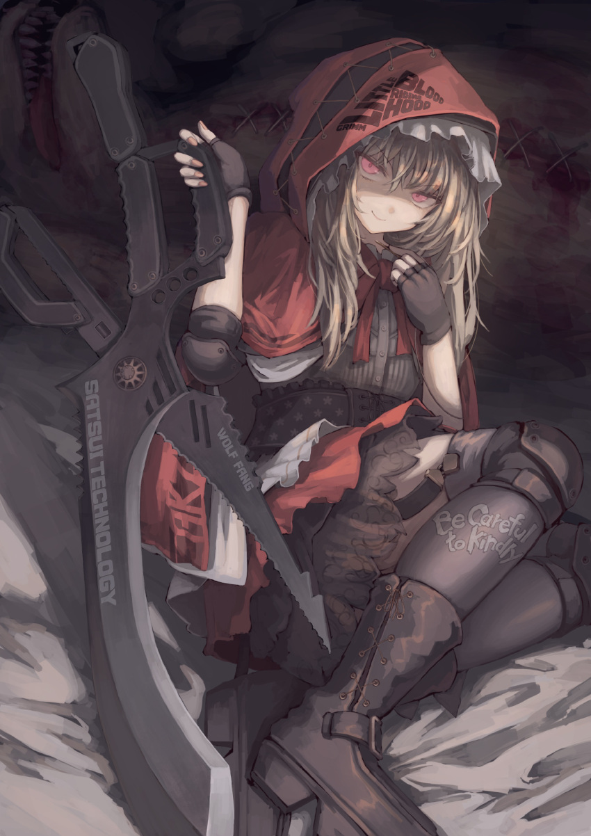 1girl blonde_hair boots brown_footwear cape elbow_pads english_text fingerless_gloves gloves graphite_(medium) hair_between_eyes highres holding holding_weapon hood knee_pads little_red_riding_hood little_red_riding_hood_(grimm) long_hair looking_at_viewer original osabachan red_cape red_eyes revision scissors skirt smile solo thigh-highs traditional_media weapon