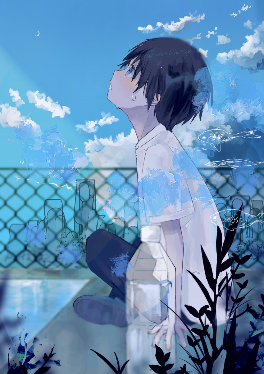 1boy black_hair black_pants blue_eyes blue_sky bottle chain-link_fence clouds commentary crescent_moon crossed_legs fence fish from_side full_body highres male_focus moon open_mouth original pants pool profile shirt short_hair short_sleeves sitting sky skyline solo sweat warabimoti_yoz white_shirt
