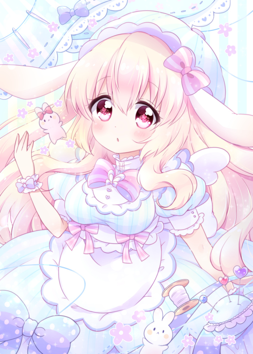 1girl animal_ears apron blonde_hair blue_dress blush bow breasts chiika_(cure_cherish) dress eyebrows_visible_through_hair flower_(symbol) hat highres large_breasts long_hair looking_at_viewer open_mouth original pin pincushion pink_bow pink_eyes puffy_short_sleeves puffy_sleeves rabbit rabbit_ears short_sleeves solo solo_focus spool tareme very_long_hair wrist_cuffs