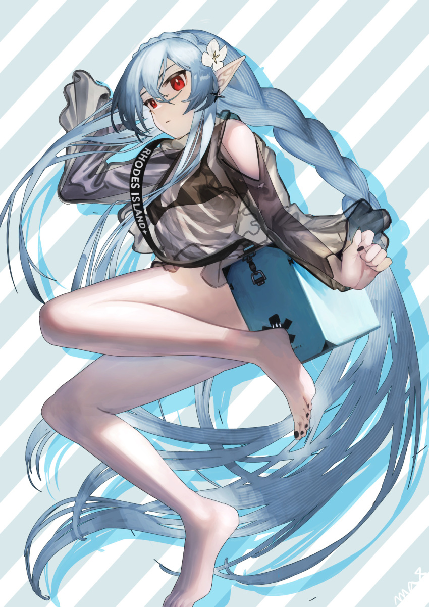 1girl absurdly_long_hair arknights bag bare_shoulders bikini bikini_top_only black_bikini black_nails black_shirt blue_background braid clothing_cutout crown_braid diagonal_stripes flower grey_hair hair_between_eyes hair_flower hair_ornament hand_up highres long_hair looking_at_viewer multicolored_hair official_alternate_costume pale_skin parted_lips pointy_ears red_eyes see-through_shirt shirt shoulder_bag shoulder_cutout simple_background solo sparkle_hair_ornament striped striped_background swimsuit toenails two-tone_hair very_long_hair wanko_(realsight) warfarin_(arknights) warfarin_(casual_vacation)_(arknights) white_background white_flower