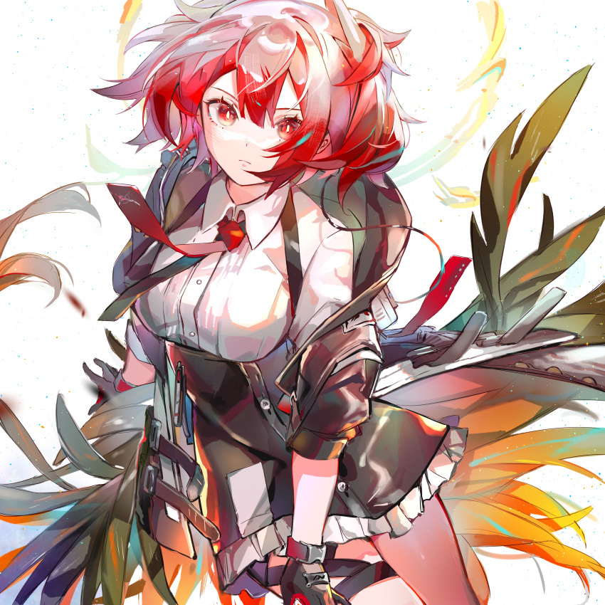 1girl absurdres animal_ears arknights bird_ears black_gloves black_jacket collared_shirt cowboy_shot feathers fiammetta_(arknights) gloves hair_between_eyes highres jacket looking_at_viewer miermere necktie off_shoulder open_clothes open_jacket red_eyes red_necktie redhead scowl shirt solo v-shaped_eyebrows white_background white_shirt