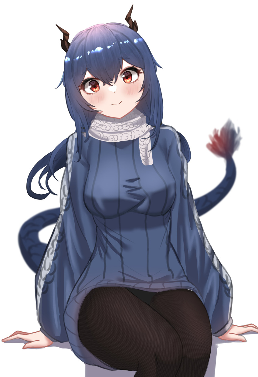 1girl absurdres alternate_costume arknights black_legwear blue_hair blue_sweater blush breasts ch'en_(arknights) chewycandy dragon_girl dragon_horns dragon_tail eyebrows_visible_through_hair feet_out_of_frame hair_between_eyes highres horns invisible_chair medium_breasts pantyhose red_eyes ribbed_sweater scarf simple_background sitting smile solo sweater tail white_background white_scarf