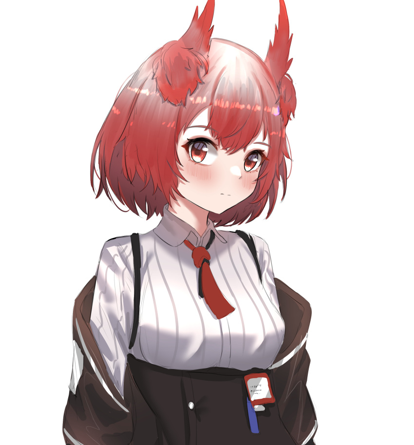 1girl animal_ears arknights bird_ears black_jacket black_skirt blush chewycandy eyebrows_visible_through_hair fiammetta_(arknights) highres id_card jacket looking_at_viewer necktie off_shoulder open_clothes open_jacket red_eyes red_necktie redhead shirt short_hair short_necktie simple_background skirt solo upper_body white_background white_shirt