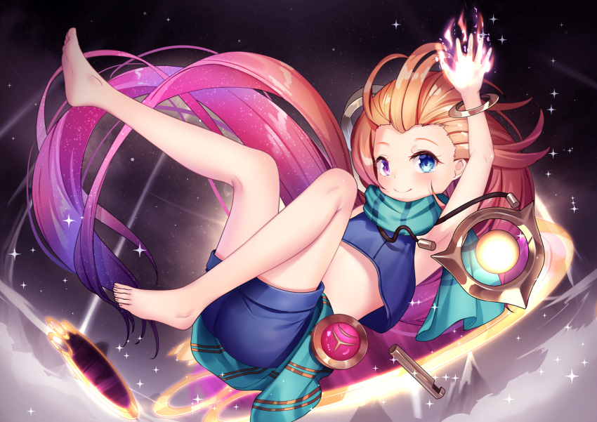 1girl arm_up armpits bangs barefoot blue_eyes blue_shirt blue_shorts blush brown_hair commentary_request gradient gradient_background green_scarf highres league_of_legends long_hair looking_at_viewer multicolored_hair pink_hair scarf shiny shiny_hair shirt shorts smile solo space striped striped_scarf yan_(nicknikg) zoe_(league_of_legends)