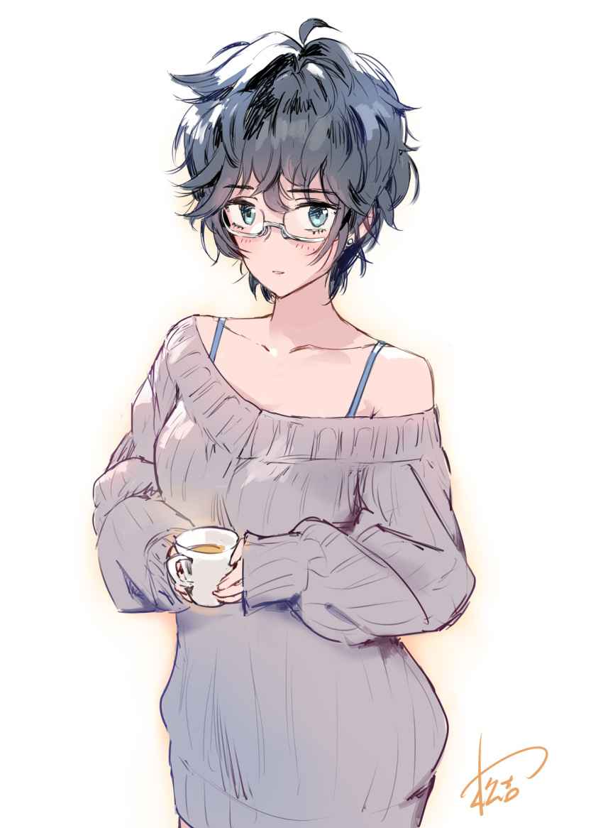 1girl bangs bare_shoulders black_hair bra_strap commentary_request cup glasses grey_eyes grey_sweater highres holding holding_cup long_sleeves looking_at_viewer matsuda_(matsukichi) off-shoulder_sweater off_shoulder original short_hair simple_background solo sweater upper_body white_background