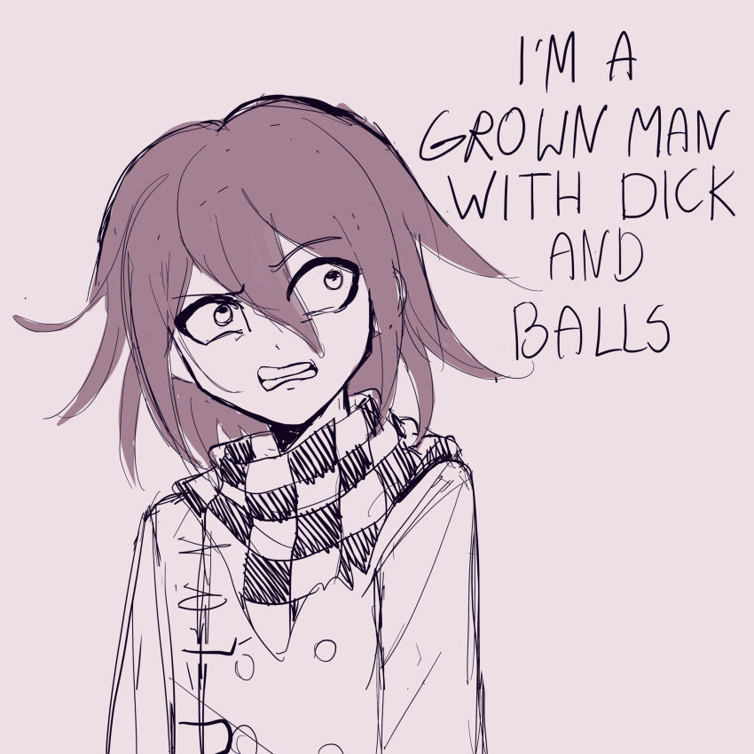 1boy angry bangs buttons checkered_clothes checkered_scarf cheer_(cheerkitty14) clenched_teeth danganronpa_(series) danganronpa_v3:_killing_harmony english_text eyebrows_visible_through_hair flipped_hair grey_background hair_between_eyes highres jacket long_sleeves medium_hair ouma_kokichi scarf simple_background sketch solo teeth