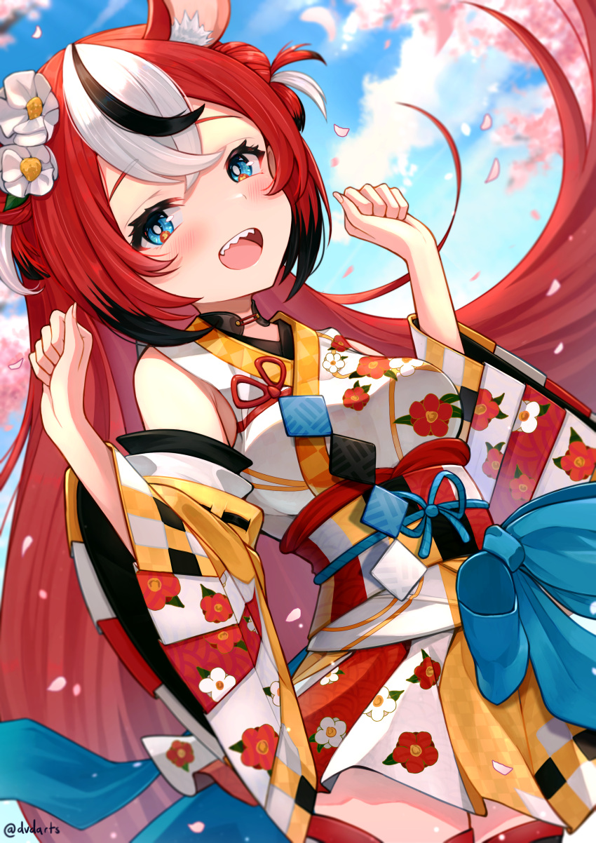 absurdres animal_ears artist_name black_hair blue_eyes cherry_blossoms detached_sleeves dvdarts flower hair_flower hair_ornament hakos_baelz highres hololive hololive_english japanese_clothes kimono looking_at_viewer mouse_ears multicolored_hair open_mouth redhead sharp_teeth smile teeth thigh-highs watermark white_hair zettai_ryouiki