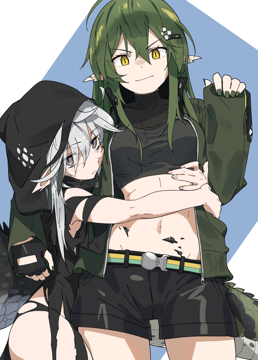 2girls absurdres arknights arm_around_shoulder bangs bare_arms bare_shoulders belt black_shorts blue_background breasts brown_eyes closed_mouth cowboy_shot crocodilian_tail crop_top drawdrawdeimos eyebrows_visible_through_hair fang fang_out gavial_(arknights) green_hair green_nails hair_between_eyes hand_up highres hood hood_up hug long_hair long_sleeves looking_at_viewer medium_breasts multiple_girls nail_polish navel oripathy_lesion_(arknights) pointy_ears scales shorts silver_hair skin_fang sleeves_past_wrists slit_pupils smile stomach tail tomimi_(arknights) torn_clothes two-tone_background unzipped v-shaped_eyebrows very_long_hair yellow_eyes yuri zipper_pull_tab