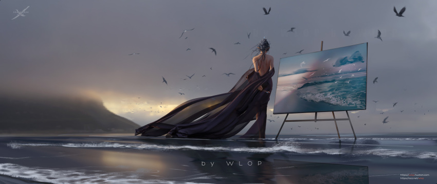 1girl arms_behind_back backless_dress backless_outfit bare_shoulders bird black_dress dress evening_gown ghostblade highres ocean outdoors painting_(object) princess_yan scenery sky solo standing water waves wlop