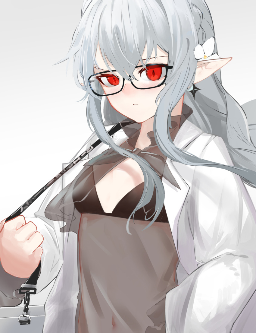 1girl absurdres ao_oni_(onioni-aoi) arknights bag bikini black_bikini black_shirt blush breasts ear_piercing grey_background grey_hair highres jacket looking_at_viewer navel official_alternate_costume open_clothes open_jacket pale_skin piercing pointy_ears red_eyes see-through_shirt shirt shoulder_bag simple_background small_breasts solo swimsuit upper_body v-shaped_eyebrows warfarin_(arknights) warfarin_(casual_vacation)_(arknights) white_jacket