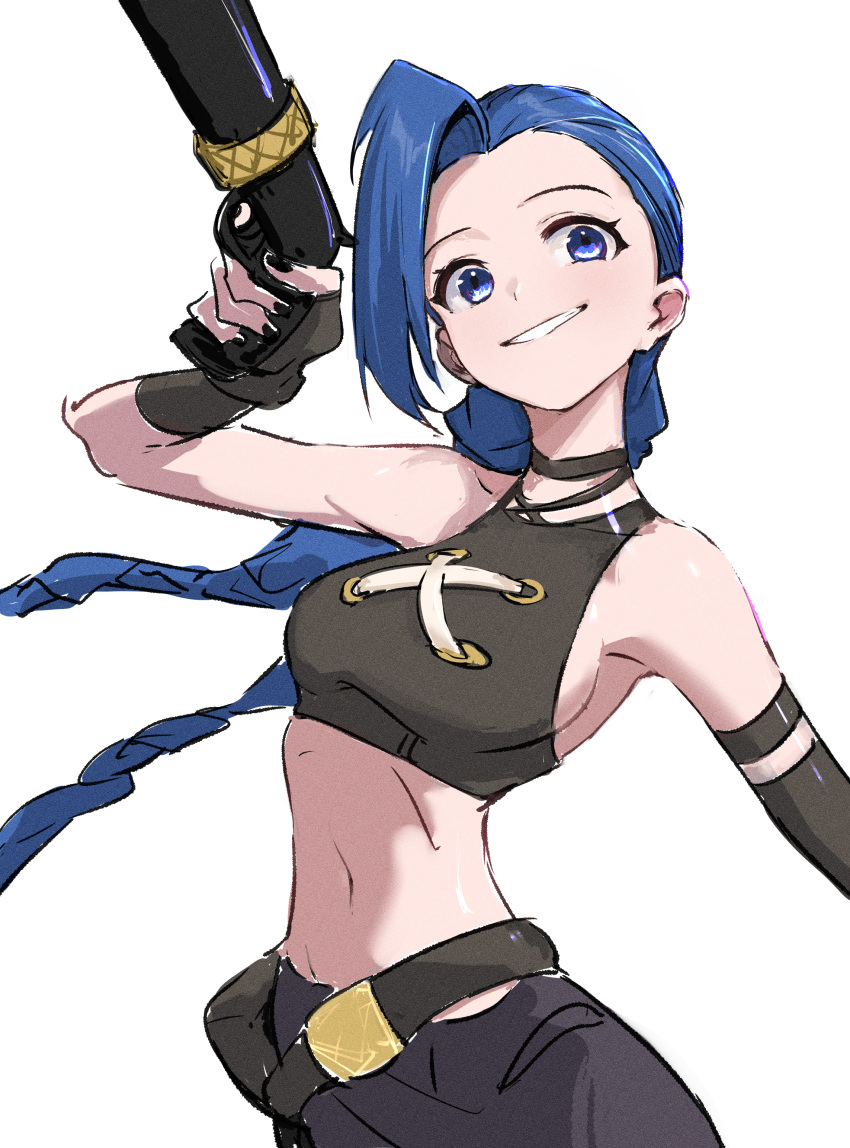 1girl absurdres black_gloves black_nails blue_eyes blue_hair braid breasts crop_top ehz_(cheolehz) elbow_gloves fingerless_gloves gloves gun highres holding holding_gun holding_weapon jinx_(league_of_legends) league_of_legends long_hair medium_breasts nail_polish simple_background sleeveless solo twin_braids upper_body very_long_hair weapon white_background