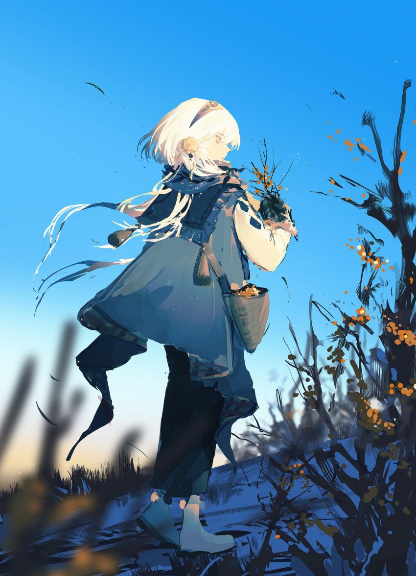 ankle_boots autumn autumn_leaves bangs bare_tree blue_sky blurry blurry_foreground boots brown_eyes clear_sky clothing_request day depth_of_field eyebrows_visible_through_hair falling_leaves from_side full_body grass hairband highres holding leaf light_blush looking_at_object parted_lips short_hair sky standing tassel tree white_footwear white_hair xxxx_gugu