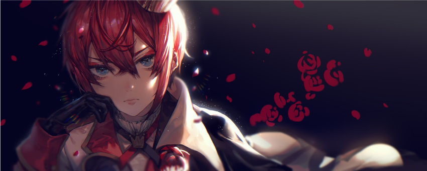1boy black_background black_gloves blue_eyes closed_mouth commentary_request falling_petals flower gloves highres looking_at_viewer male_focus petals red_flower red_rose redhead riddle_rosehearts rose short_hair simple_background tsukiiro twisted_wonderland upper_body
