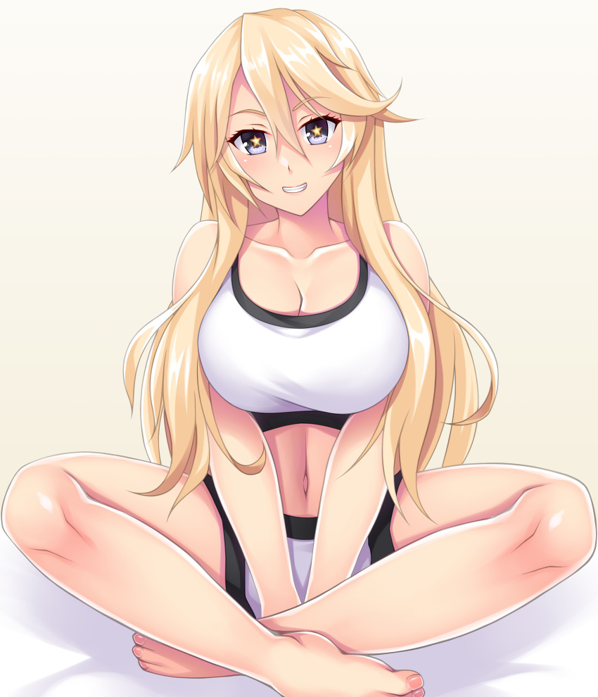 1girl absurdres alternate_costume blonde_hair blue_eyes breasts collarbone hair_between_eyes highres indian_style iowa_(kancolle) kantai_collection large_breasts long_hair navel ruin_re_birth short_shorts shorts sitting smile solo sports_bra star-shaped_pupils star_(symbol) symbol-shaped_pupils white_shorts white_sports_bra