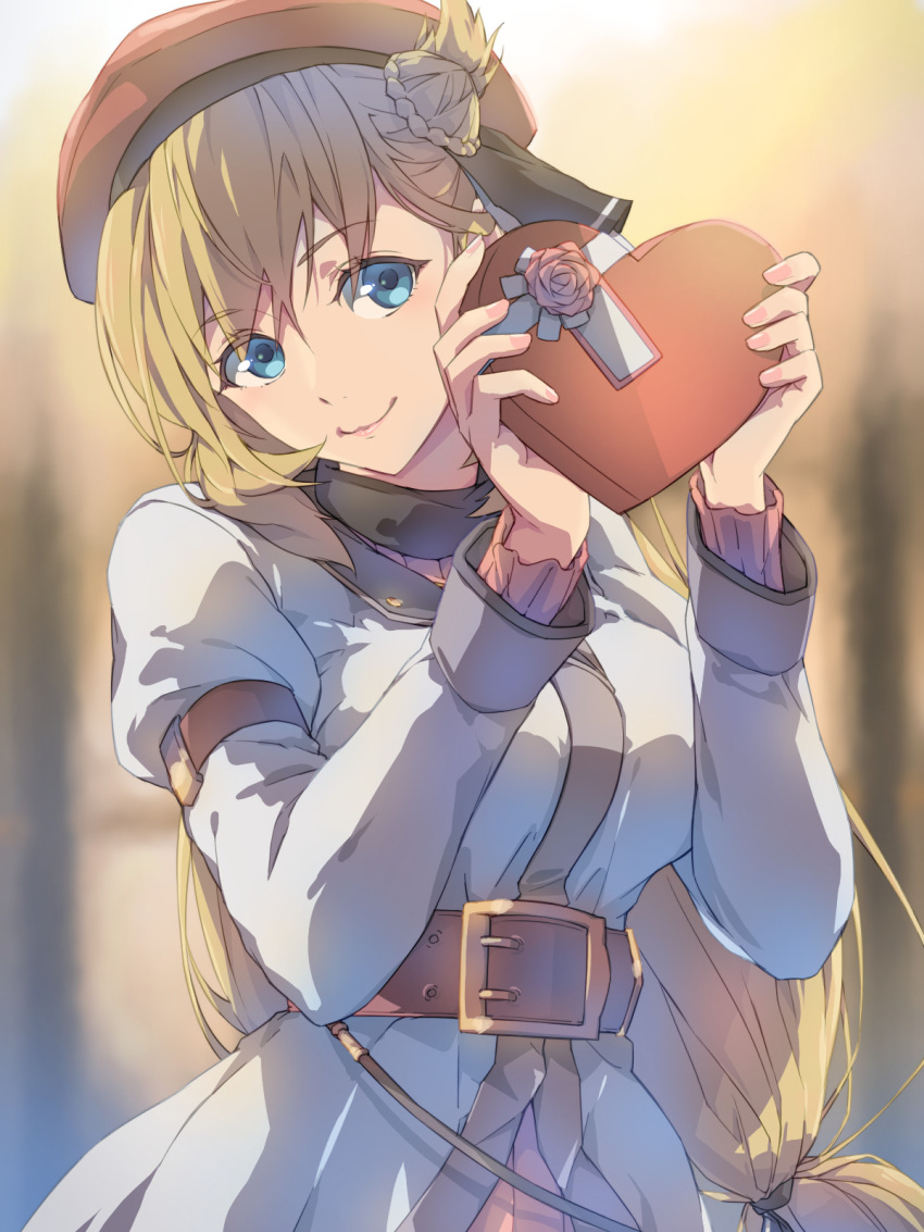 1girl agnes_claudel arm_strap belt beret black_ribbon blonde_hair blue_eyes blurry blurry_background box braid braided_bun breasts brown_belt chiharu_(9654784) closed_mouth coat commentary cowboy_shot eiyuu_densetsu eyebrows_visible_through_hair gift gift_box hair_between_eyes hair_bun hair_ribbon hat head_tilt heart heart-shaped_pupils highres holding holding_gift kuro_no_kiseki long_hair long_sleeves looking_at_viewer low-tied_long_hair medium_breasts pink_sweater red_headwear ribbed_sweater ribbon side_bun smile solo sweater symbol-shaped_pupils white_coat