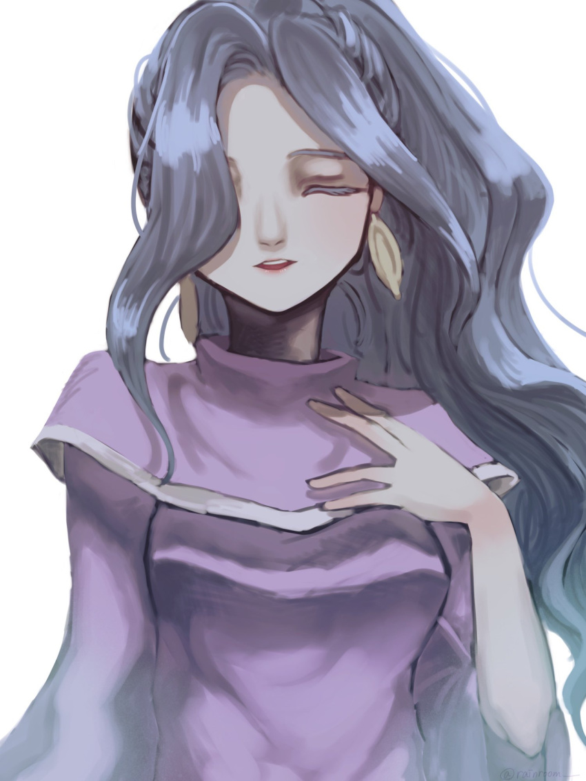 1girl bangs blue_hair breasts chrono_trigger closed_eyes earrings eyelashes hand_on_own_chest highres jewelry large_breasts long_hair one_eye_covered open_mouth ponytail purple_robe rainroom schala_zeal simple_background solo solo_focus upper_body wavy_hair white_background