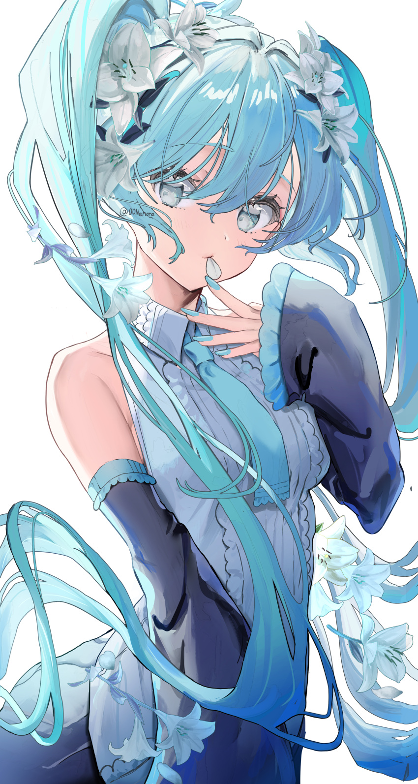 00nanona 1girl absurdres bangs bare_shoulders black_skirt black_sleeves blue_eyes blue_hair blue_nails blue_necktie closed_mouth commentary_request detached_sleeves eyebrows_visible_through_hair flower frilled_sleeves frills hair_between_eyes hatsune_miku highres long_hair long_sleeves nail_polish necktie shirt simple_background skirt sleeveless sleeveless_shirt sleeves_past_wrists solo twintails very_long_hair vocaloid white_background white_flower white_shirt