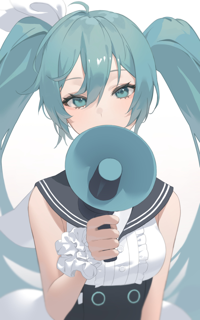 1girl ahoge aqua_eyes aqua_hair bare_shoulders breasts covered_mouth eyebrows_visible_through_hair eyelashes frilled_cuffs frills hair_between_eyes hatsune_miku highres holding long_hair looking_at_viewer microphone seon_(seonon_) simple_background sleeveless solo symbol-only_commentary twintails upper_body vocaloid white_background