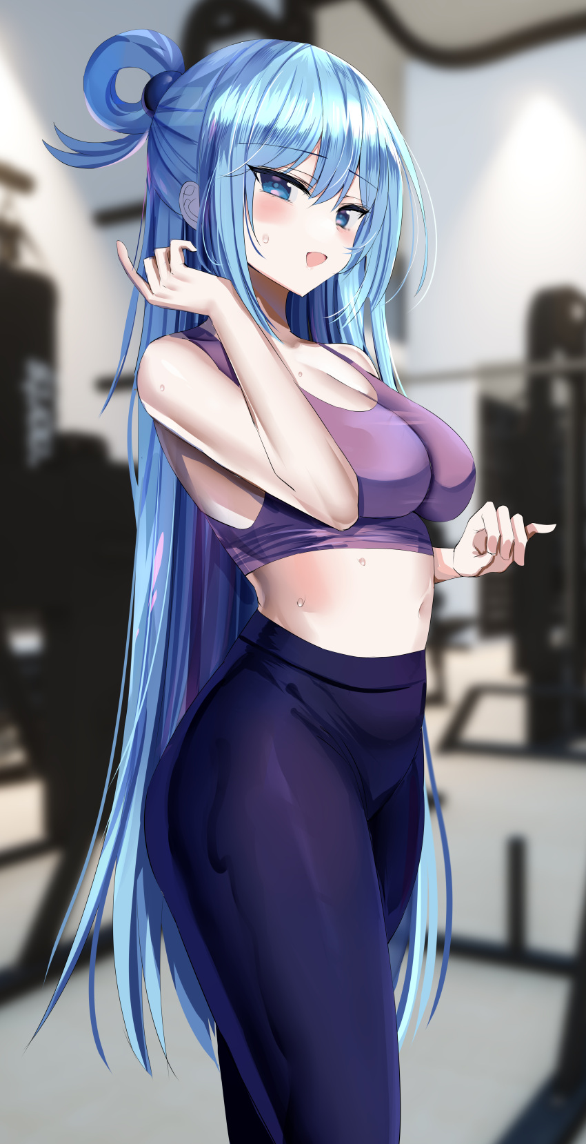 1girl :d absurdres aqua_(konosuba) bangs bare_shoulders blue_eyes blue_hair blurry blurry_background blush breasts commentary_request eyebrows_visible_through_hair gym hair_between_eyes hair_rings hanasaka_houcha hand_up highres indoors kono_subarashii_sekai_ni_shukufuku_wo! long_hair looking_at_viewer navel open_mouth pants shiny shiny_hair smile solo sports_bra sportswear standing sweat very_long_hair yoga_pants