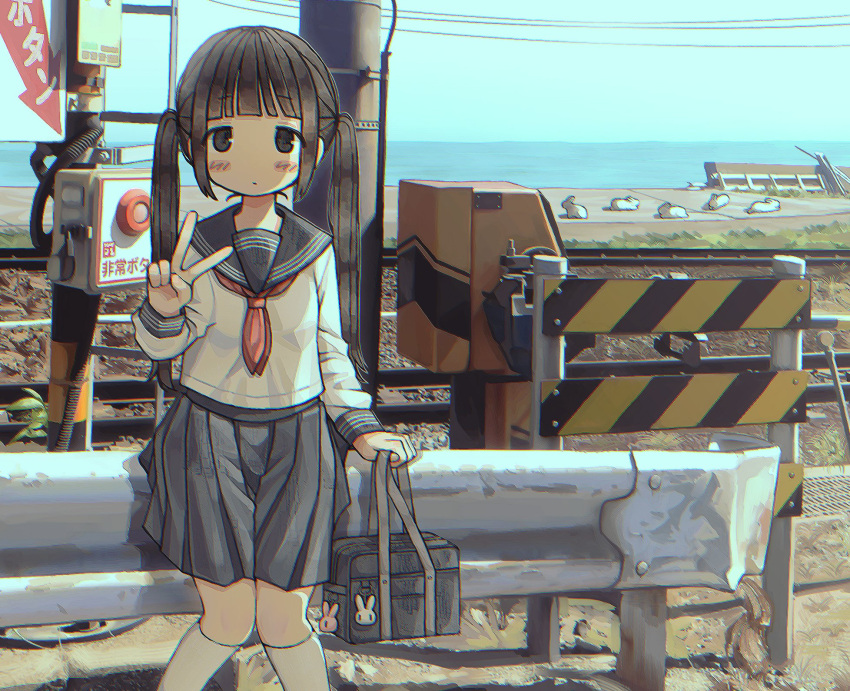 1girl black_eyes black_hair blue_skirt commission day expressionless eyebrows_visible_through_hair highres kneehighs long_hair long_sleeves looking_at_viewer original outdoors pleated_skirt rnfhv sailor_collar scenery skeb_commission skirt solo twintails v white_legwear