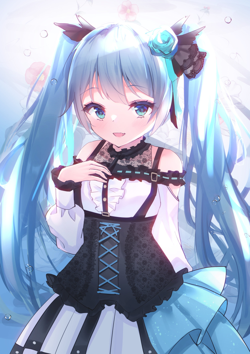 1girl :d absurdres alternate_costume aqua_rose bangs bare_shoulders blue_eyes blue_hair center_frills eyebrows_visible_through_hair flower frills gradient gradient_background hair_flower hair_ornament hatsune_miku highres long_hair long_sleeves looking_at_viewer open_mouth smile solo twintails upper_body usagi_(786113654) vocaloid